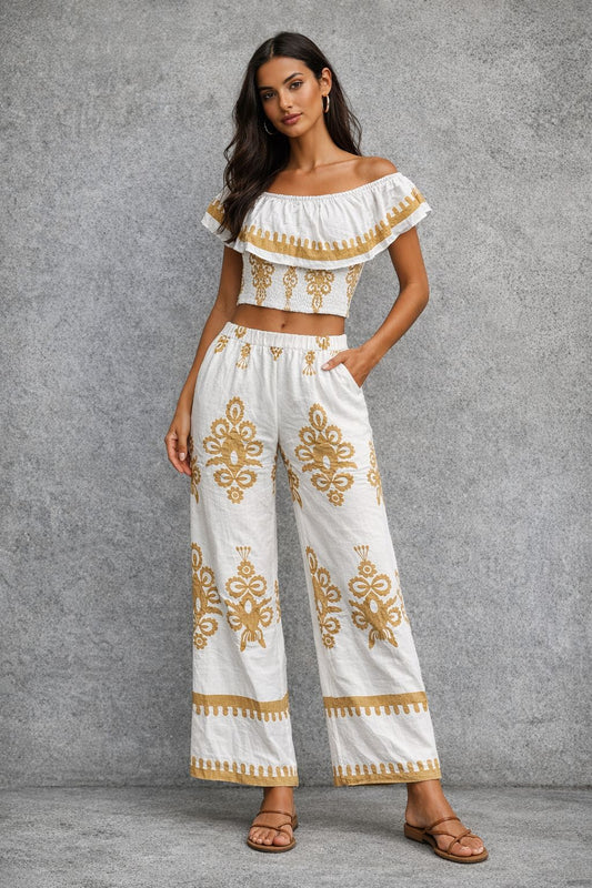 Pants with an off-shoulder top