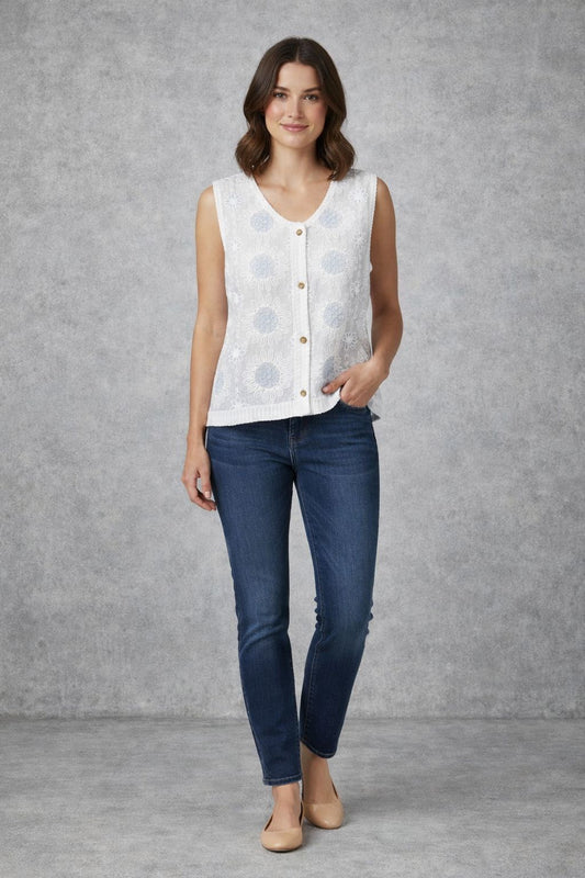Sleeveless button-up blouse with embellishments