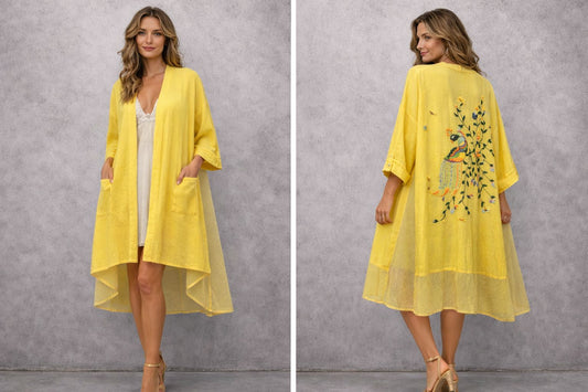 Short  cardigan with long adjustable sleeves and hand embroidery