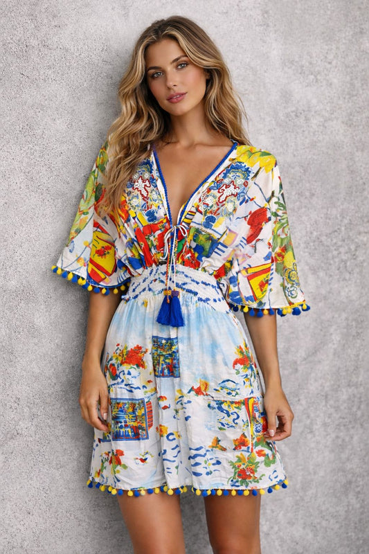 Short dress with short sleeves with embroidery