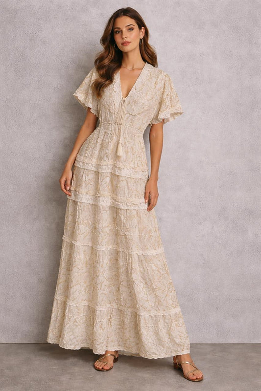 Dress Maxi Short Sleeves Cotton and Lace with Embellishments